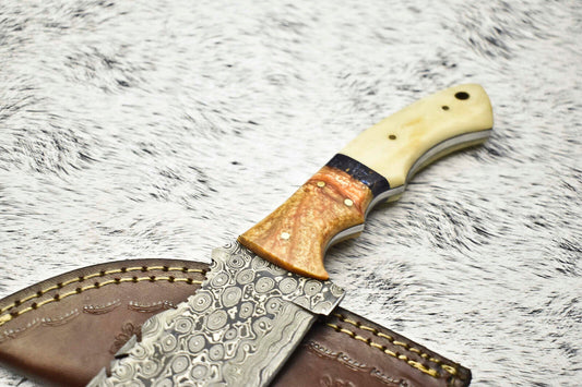 Handmade Damascus Camping Tracker Knife | Full Tang Outdoor Blade with Leather Sheath