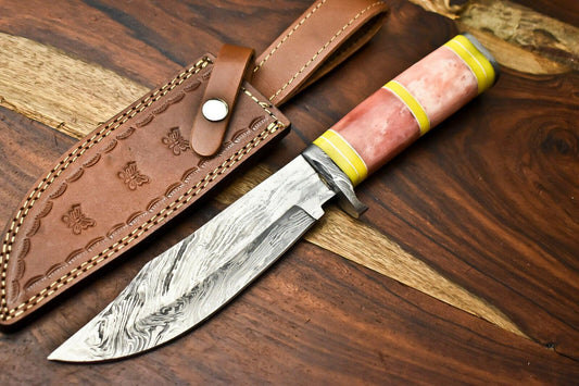 Handmade Damascus Steel Hunting Bowie Knife with Camel Bone Handle