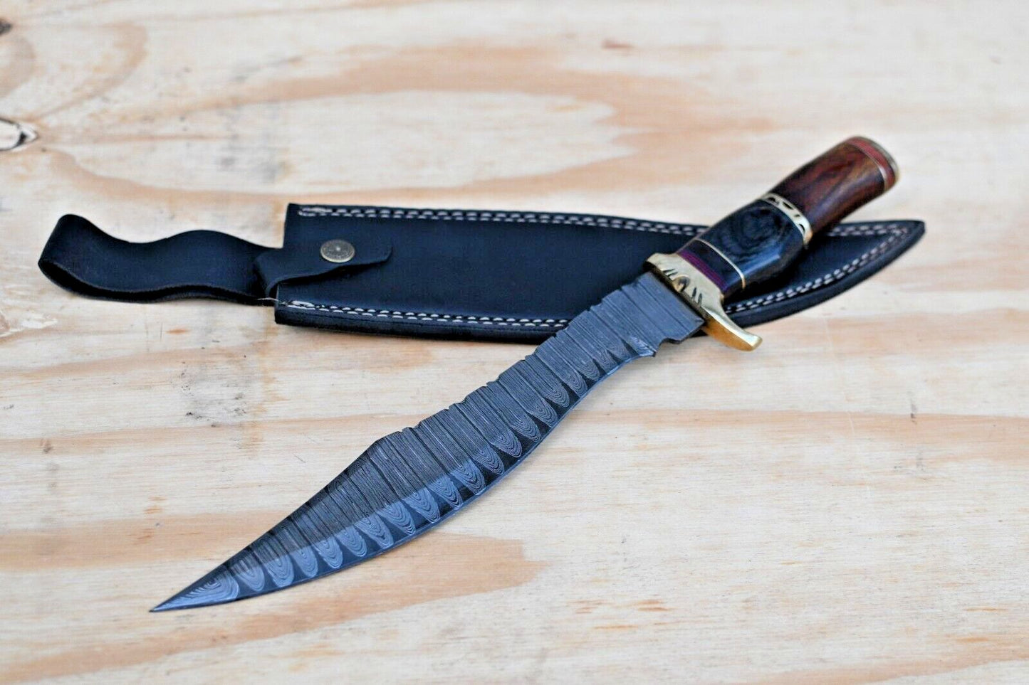 Heritage Forge 15 Inch Damascus Steel Bowie Knife Brass and Wood Handle with Sheath