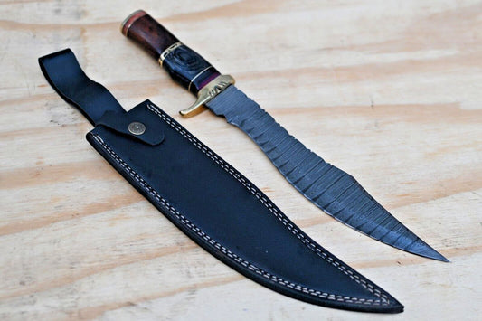 Heritage Forge 15 Inch Damascus Steel Bowie Knife Brass and Wood Handle with Sheath