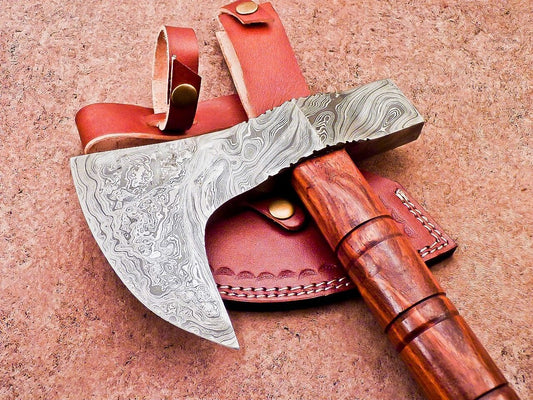 New Handmade Damascus Steel Axe | Unique Limited Edition 21-Inch Axe with Natural Wood Handle & Leather Sheath