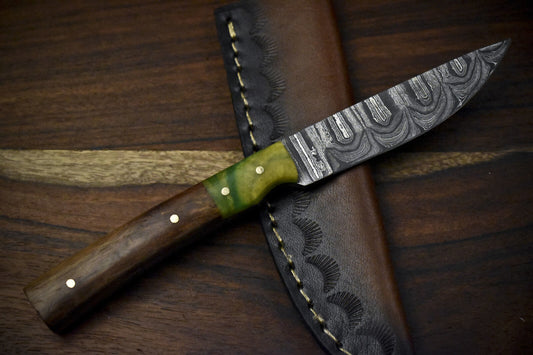 Twist Damascus Skinner Knife 7.5" Walnut Wood Handle Micarta Guard Camping Tool