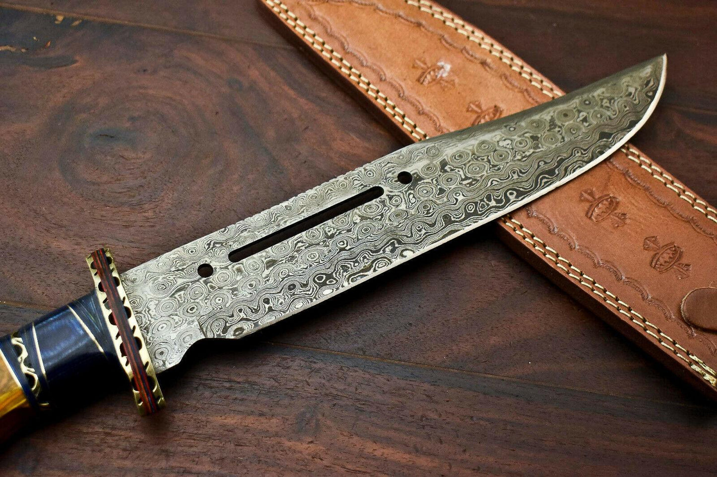 16" Custom Handmade Damascus Steel Bowie Knife | 10" Blade & Hardwood Handle