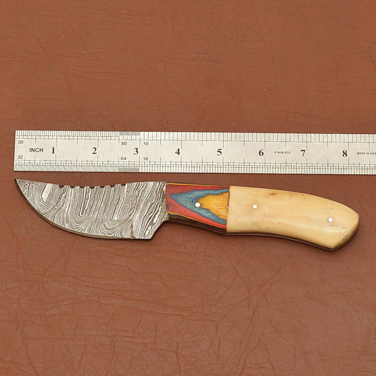 8" Damascus Steel Skinner Knife Wood Handle Custom Handmade Hunting Tool