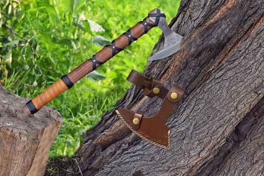 Forged Viking Ragnar Norse Valhalla Carbon Steel Throwing Axe with Rosewood Handle and Sheath