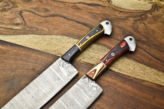 Lot of 2 Handmade Damascus Steel Chef Knives – Full Tang Kitchen Cutlery