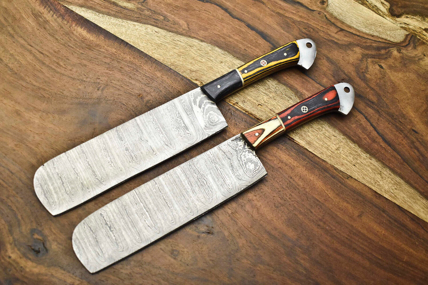 Lot of 2 Handmade Damascus Steel Chef Knives – Full Tang Kitchen Cutlery