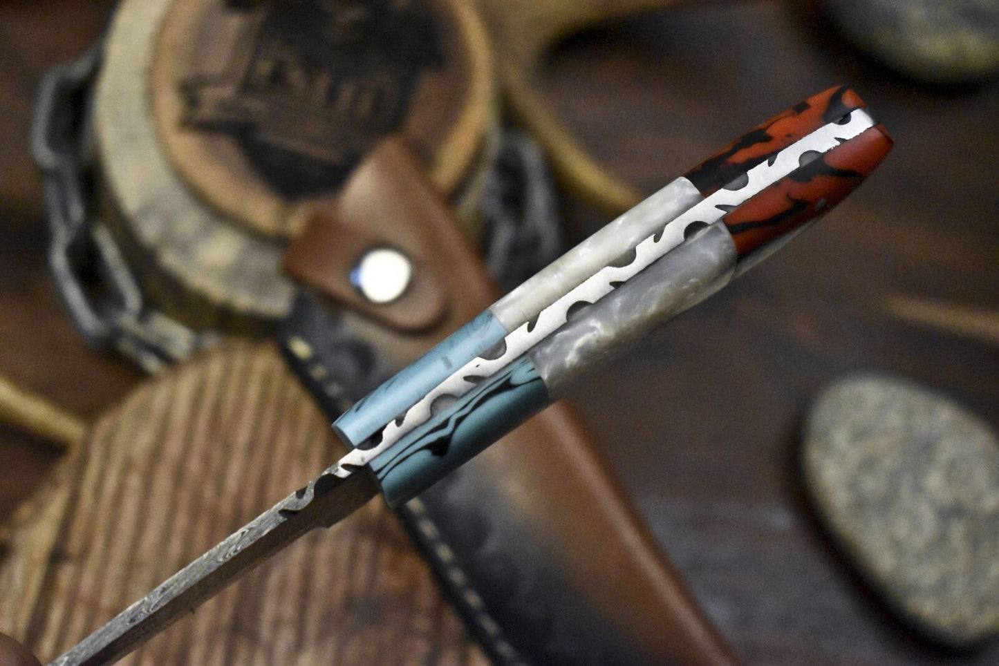 Hand Forged Damascus Skinner Knife Twist Pattern Corian Handle – Custom Handmade Hunting Knife Gift