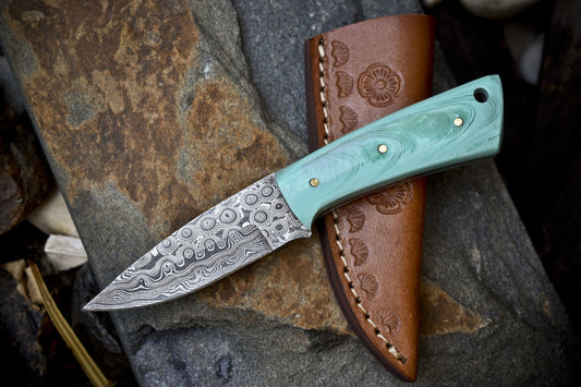 7" Rain Drop Damascus Skinner Knife Corian Handle Custom EDC Best Selling