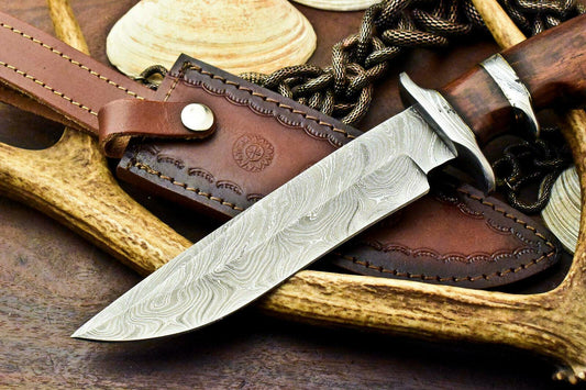 12" Damascus Steel Bowie Knife | Wood Handle with Sub-Hilt & Leather Sheath