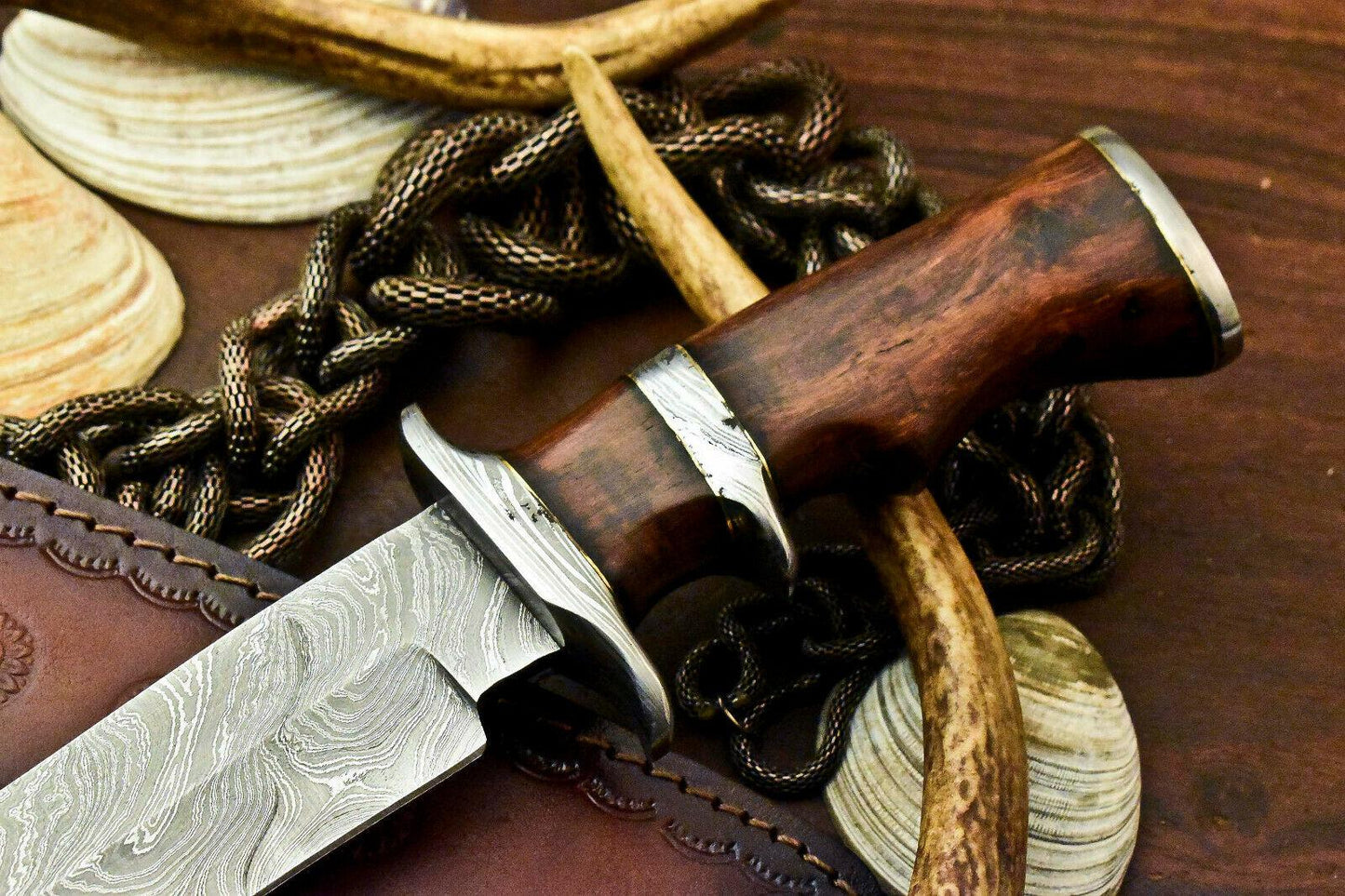 12" Hand Forged Bowie Damascus Steel Knife With Wood Handle & Leather Sheath