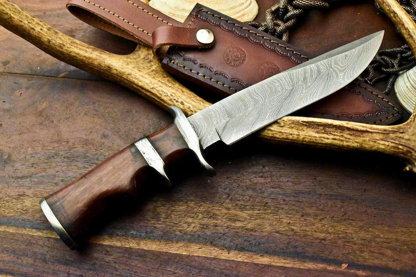 12" Damascus Steel Bowie Knife | Wood Handle with Sub-Hilt & Leather Sheath