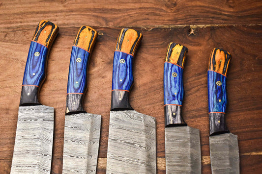 Lot of 5 Handmade Hammered Damascus Steel Blade Chef Knife Set – Professional Kitchen Knives