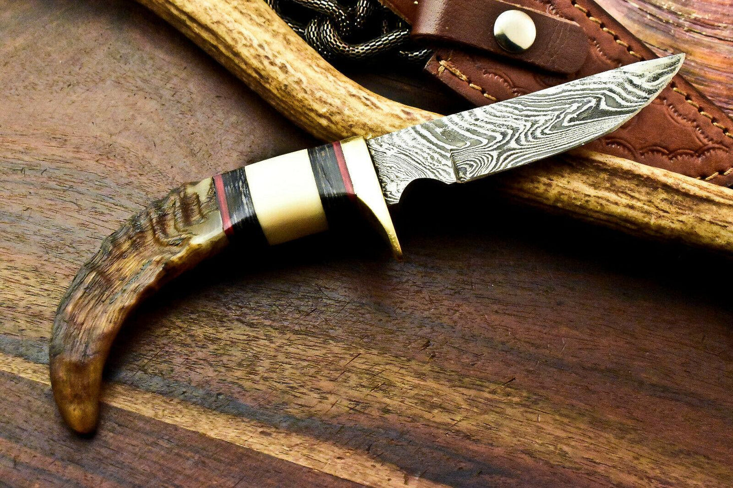 Custom Handmade Damascus Bowie Hunting Knife | Ram’s Horn Handle, 9" Overall