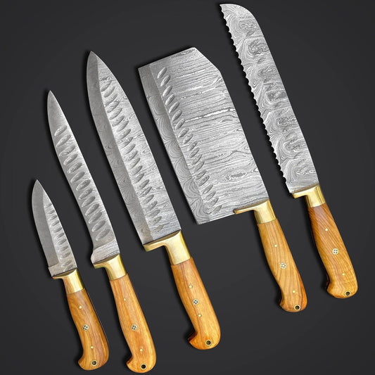 Handmade Damascus Chef Knife Set – 5-Piece Olive Wood Kitchen Knives with Leather Roll