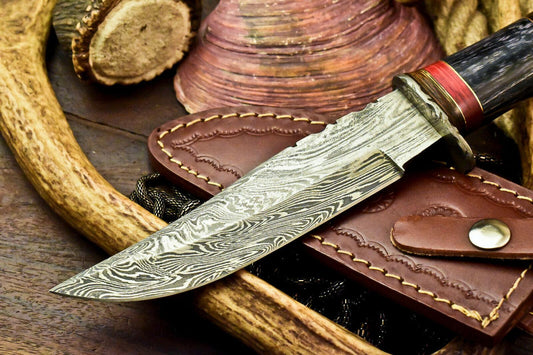 11" Handmade Damascus Steel Bowie Knife – Hardwood Handle & Leather Sheath