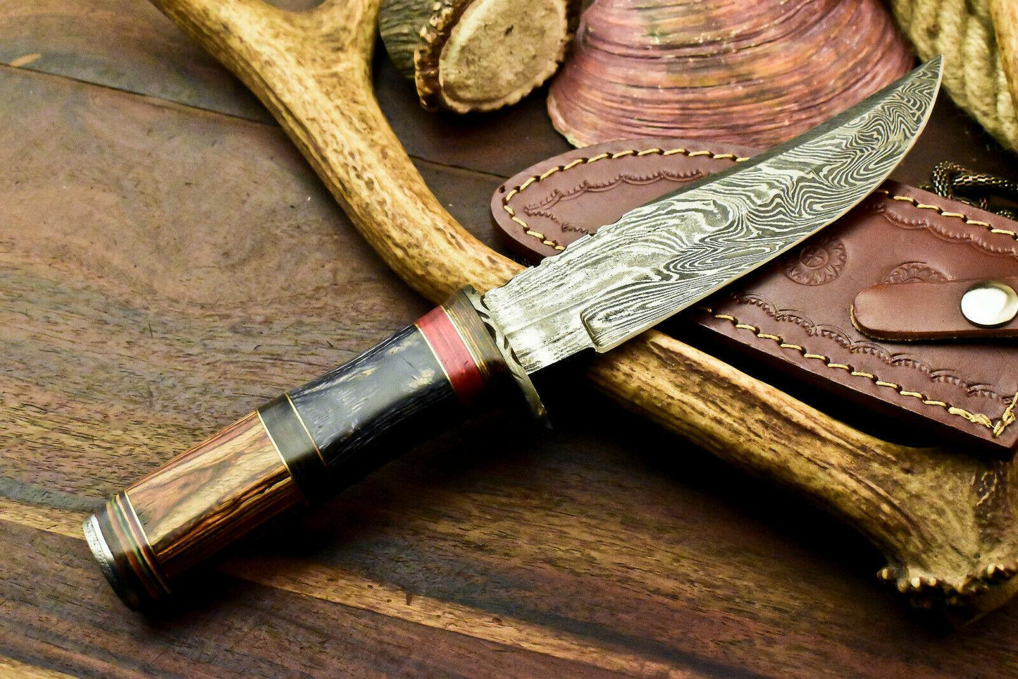11" Handmade Damascus Steel Bowie Knife – Hardwood Handle & Leather Sheath