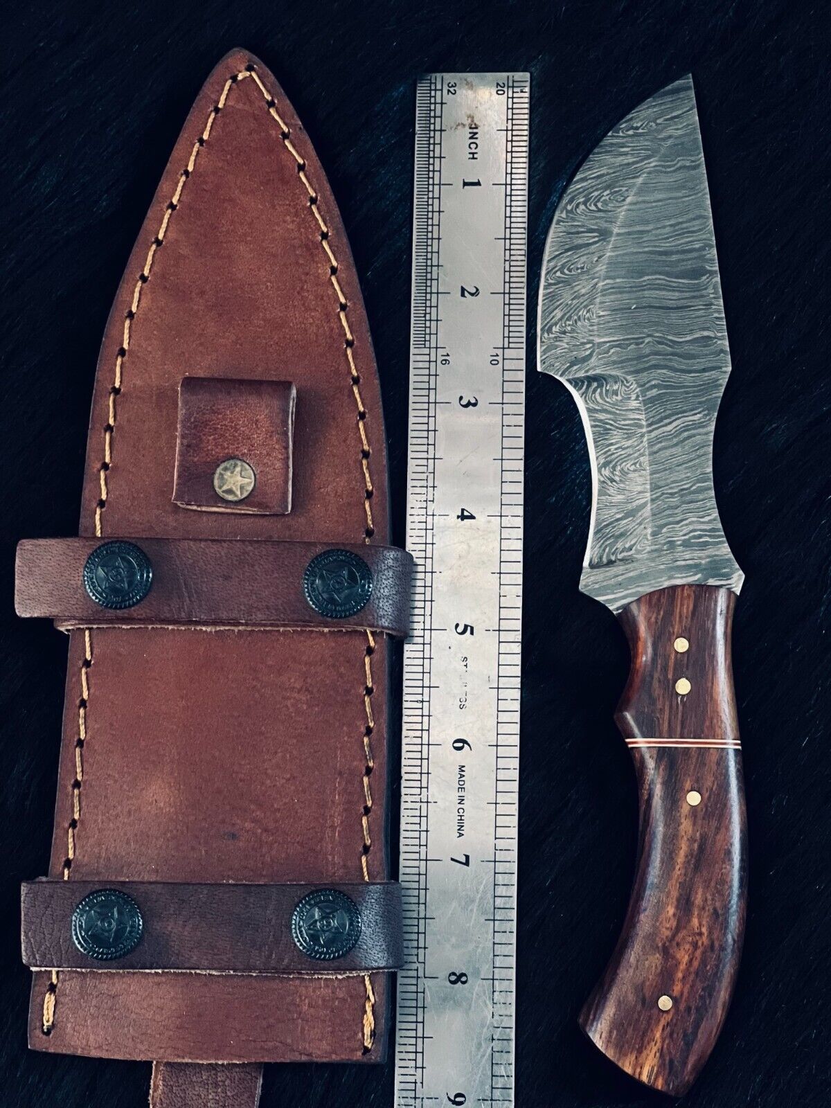 9" Fire Damascus Tanto Knife – Wood Handle including Sheath