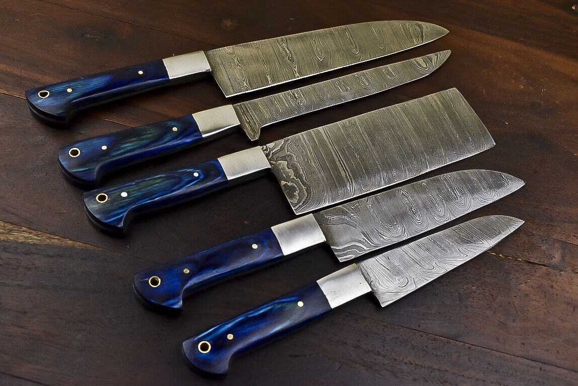 Damascus Steel Kitchen Knife Set – 5 Piece Fixed Blade Chef Knives with Hardwood Handles