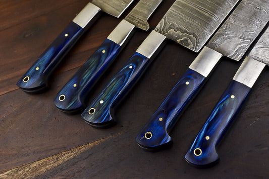 Damascus Steel Kitchen Knife Set – 5 Piece Fixed Blade Chef Knives with Hardwood Handles