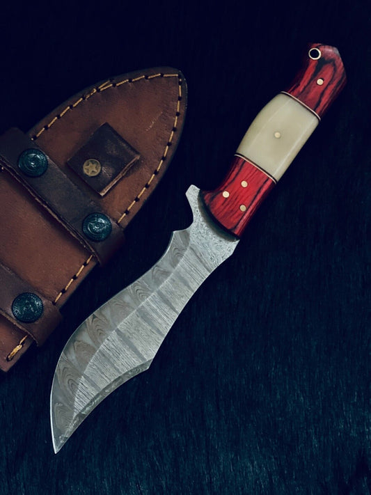 10.5" Fire Damascus Bowie Knife – Camel Bone & Wood Handle