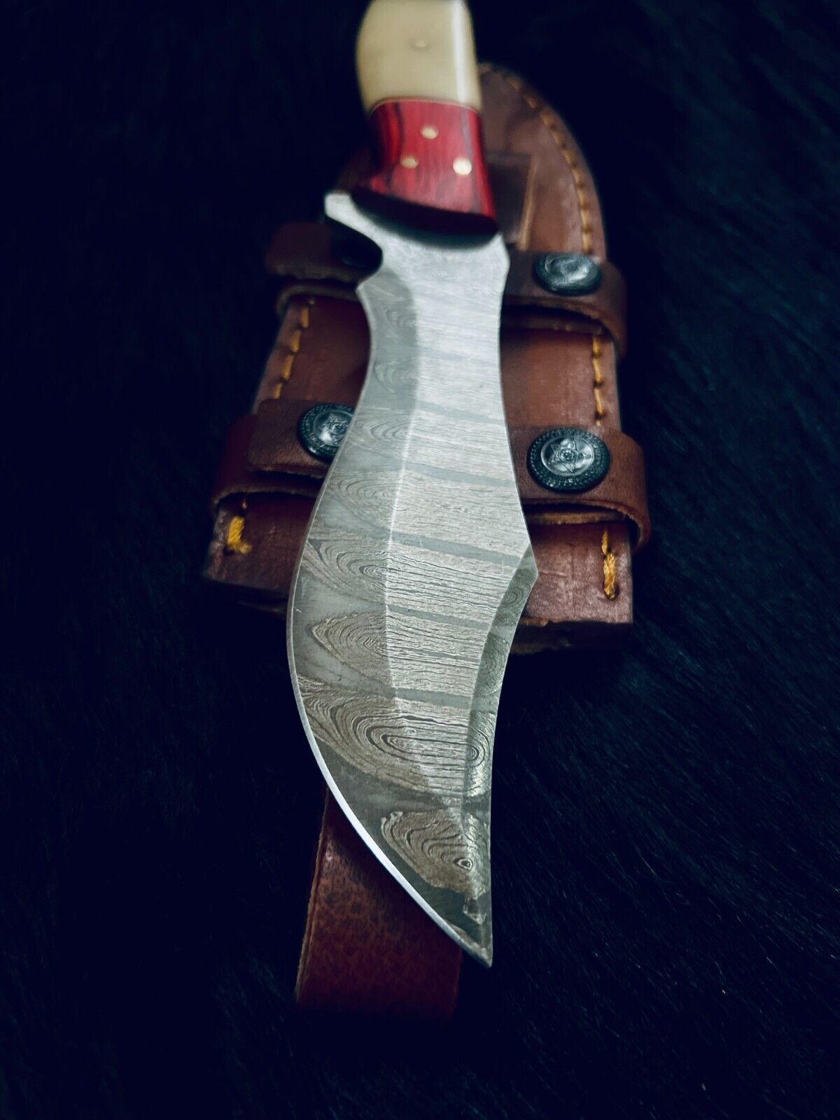 10.5" Fire Damascus Bowie Knife – Camel Bone & Wood Handle