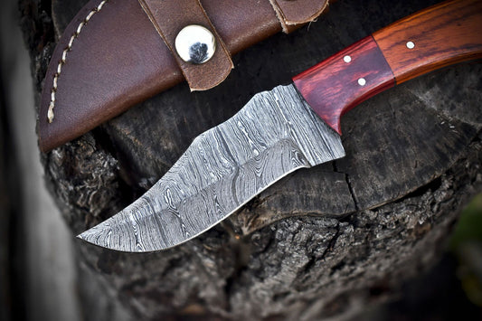 8" Hand Forged Damascus Skinner Knife with Twist Pattern and Hardwood Handle for Survival and Hunting