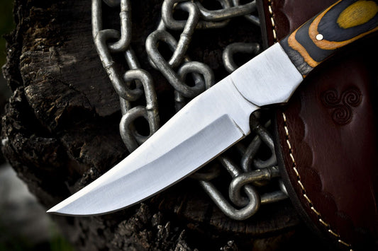 9.5" AUS-8 Steel Skinner Knife with Hard Wood Handle & Steel Bolster Leather Sheath