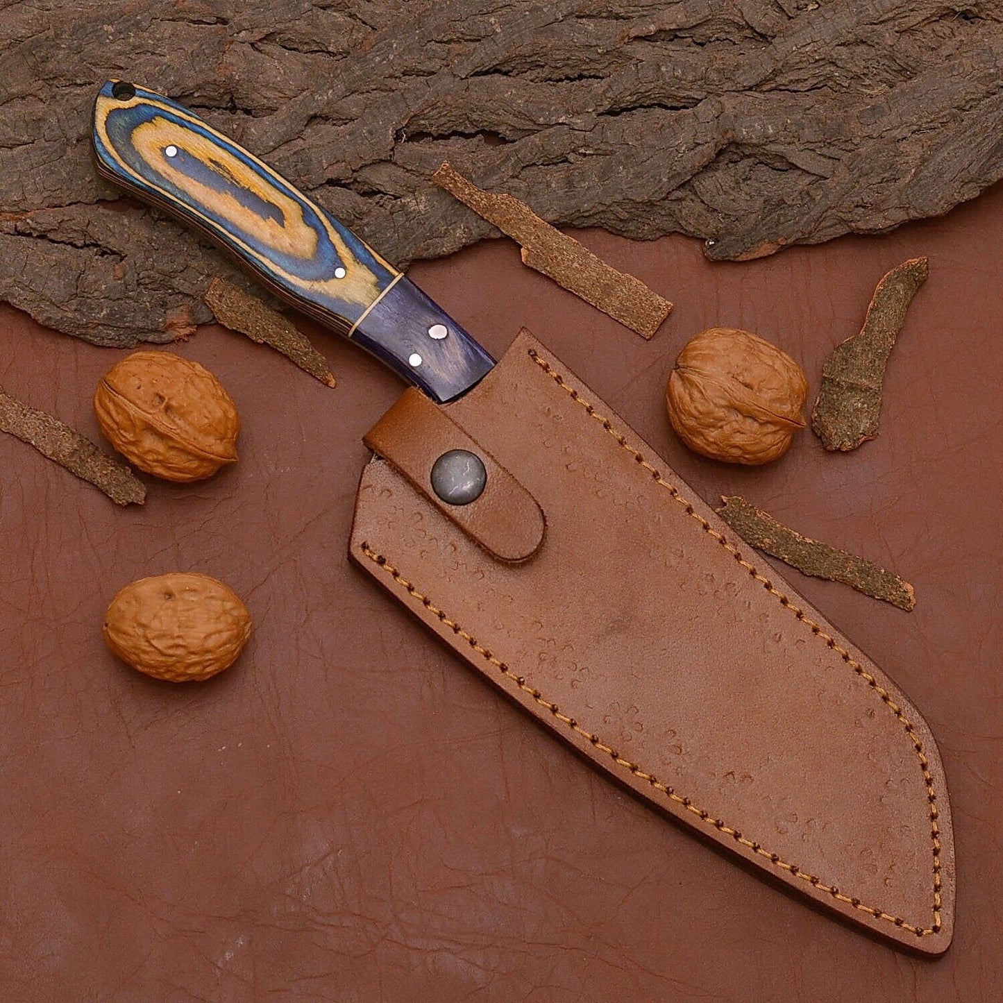 Custom Handmade Full Tang Damascus Steel Chef Kitchen Knife with Wood Handle & Leather Sheath