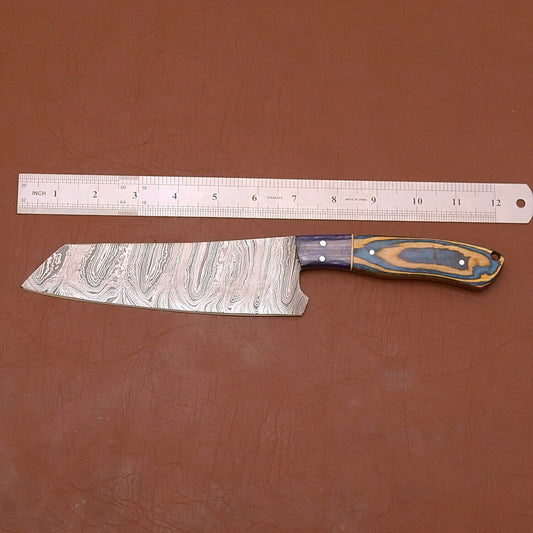 Custom Handmade Full Tang Damascus Steel Chef Kitchen Knife with Wood Handle & Leather Sheath