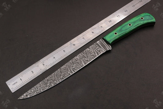 13.5" Handmade Fire Damascus Steel Fillet Knife Damascus Fillet Knife For Kitchen Use W/Sheath
