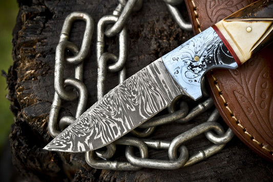 Hot Seller Twist Damascus Skinner Knife with Bone Handle – Handmade Hunting Knife