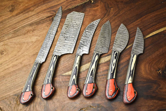 Premium Lot of 6 Handmade Damascus Steel Chef Knives with 384-Layer Forged Blades