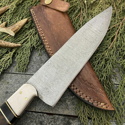 Custom Hand Forged Damascus Steel Hunting Kitchen Chef Knife with Leather Sheath