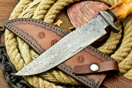 Custom Handmade Damascus Hunting Bowie Knife | Camel Bone Handle, 13" Overall