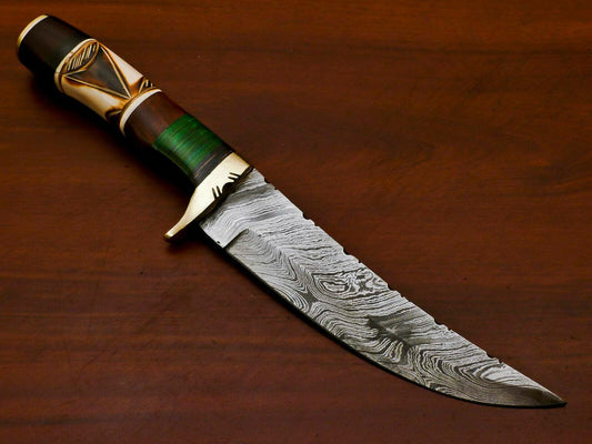 Handmade Damascus Custom Burn Camel Bone & Pakka Wood Bowie Hunting Knife – 12" Hunting Knife