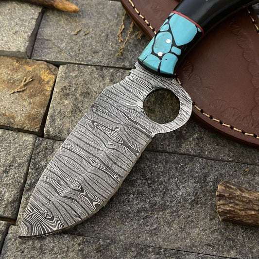 Heritage Forge 9 Inch Custom Damascus Steel EDC Hunting Knife with Horn and Resin Handle
