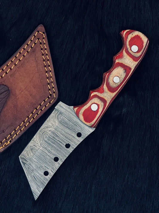 Heritage Forge 8.5 Inch Damascus Steel Tanto Cleaver Knife with Camel Bone and Wood Handle