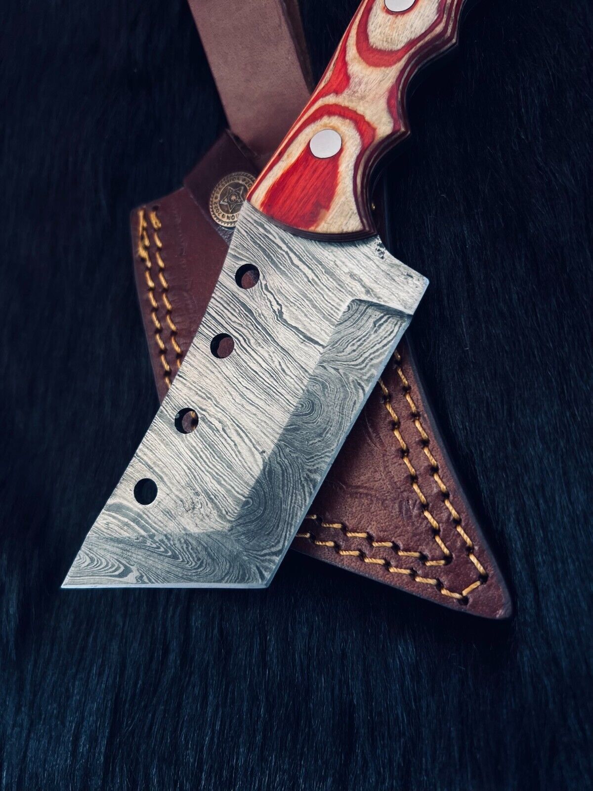 Heritage Forge 8.5 Inch Damascus Steel Tanto Cleaver Knife with Camel Bone and Wood Handle