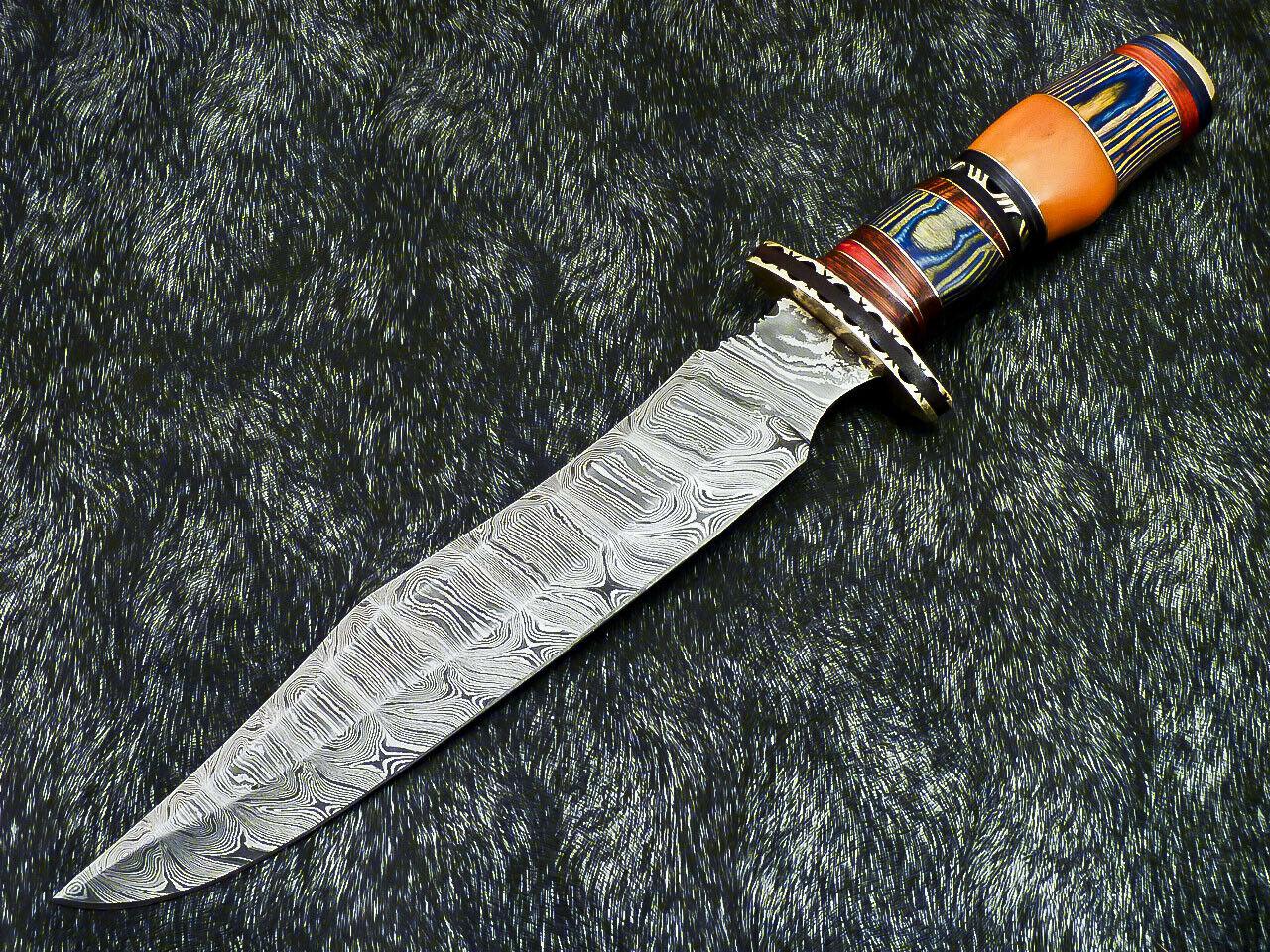 16” Handmade Damascus Bowie Knife | Hardwood Handle & Leather Sheath