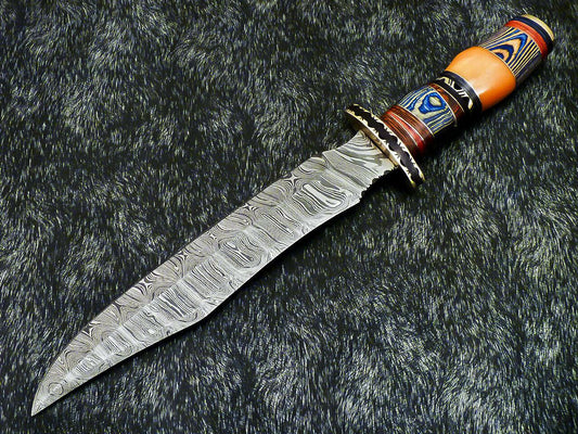 16” Handmade Damascus Bowie Knife | Hardwood Handle & Leather Sheath