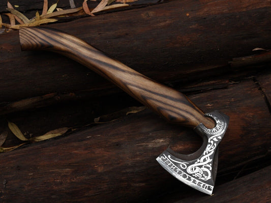 Custom Forged Viking Tomahawk Axe with Ash Wood Handle and Leather Sheath