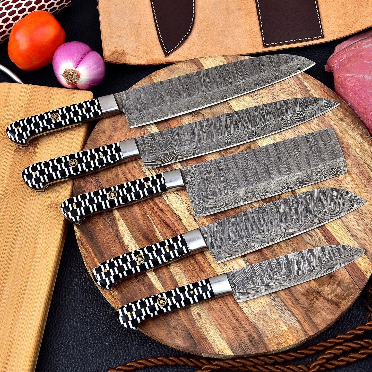 Custom Handmade Hand Forged Damascus Steel Chef Knife Set – 5 Pcs Kitchen Knives