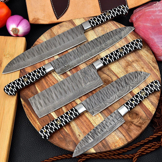 Custom Handmade Hand Forged Damascus Steel Chef Knife Set – 5 Pcs Kitchen Knives