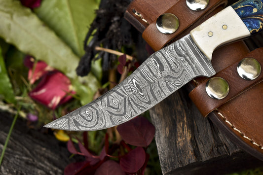8" Twist Damascus Skinner Knife with Mixed Handle | Handmade Camping & Hunting Blade