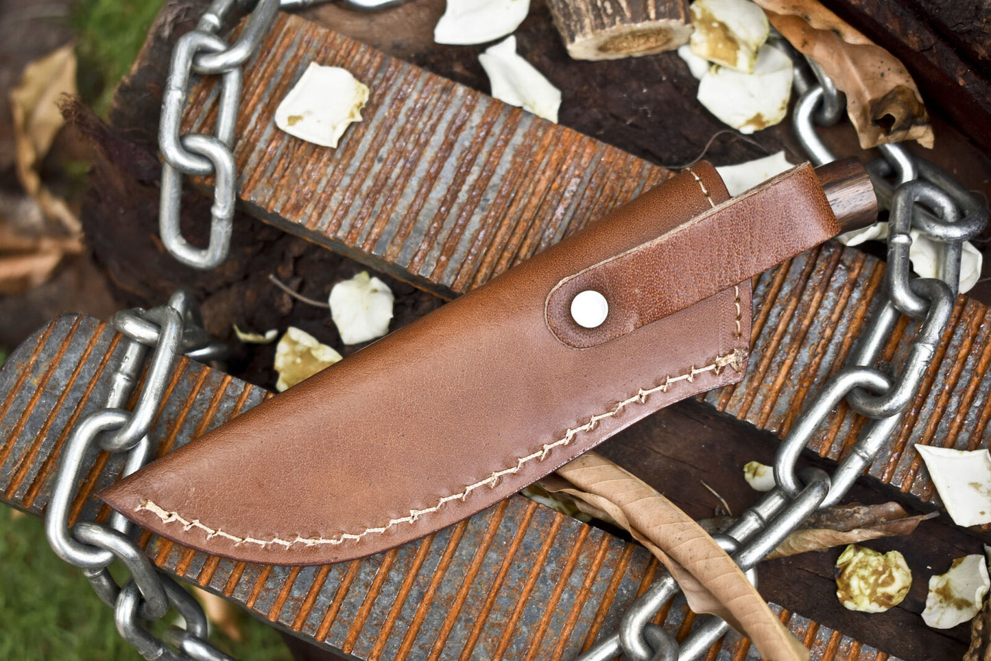 Hand Forged Rain Drop Damascus Skinner Knife – Walnut Wood Handle with Leather Sheath for Survival and Hunting