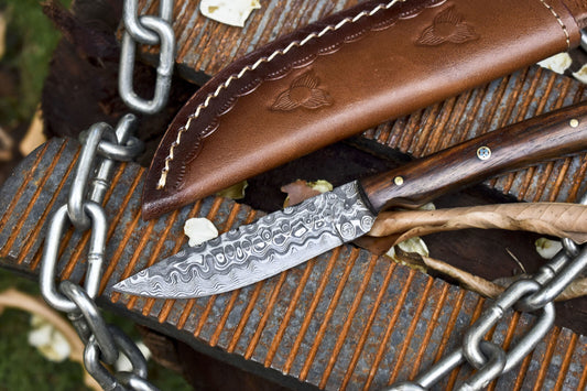 Hand Forged Rain Drop Damascus Skinner Knife – Walnut Wood Handle with Leather Sheath for Survival and Hunting