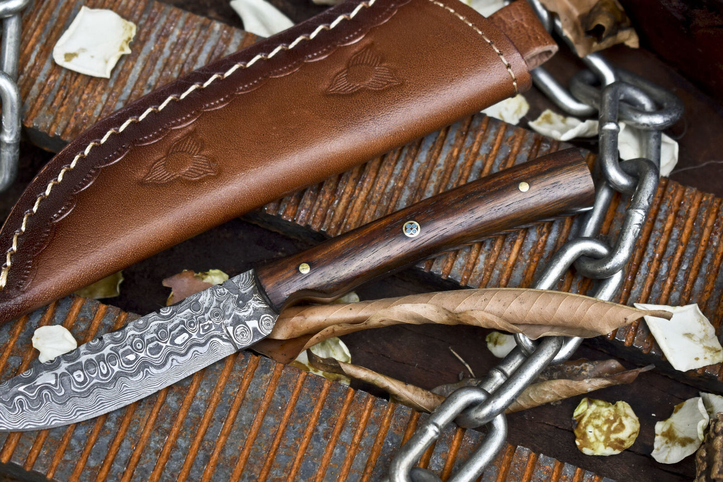 Hand Forged Rain Drop Damascus Skinner Knife – Walnut Wood Handle with Leather Sheath for Survival and Hunting