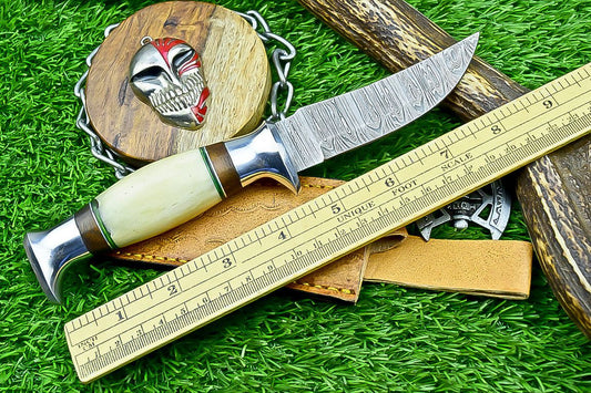 9 Inch Damascus Steel Hunting Knife with Bone Handle and Steel Bolster
