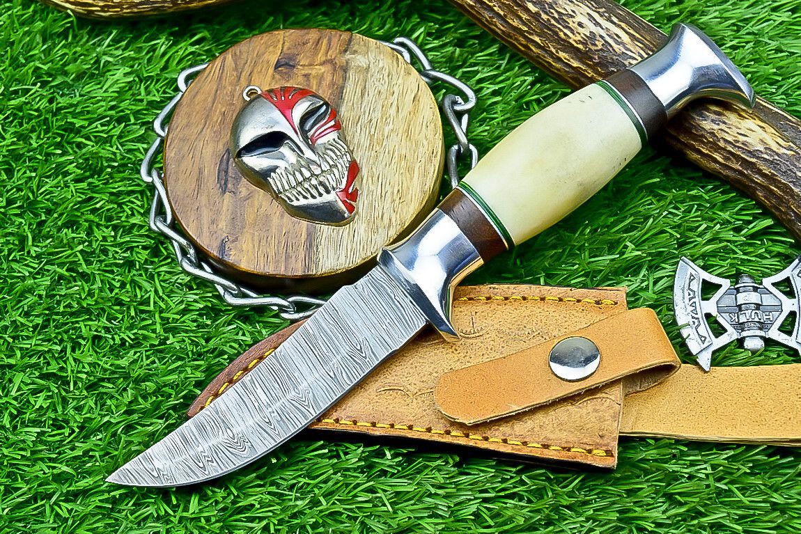 9 Inch Damascus Steel Hunting Knife with Bone Handle and Steel Bolster